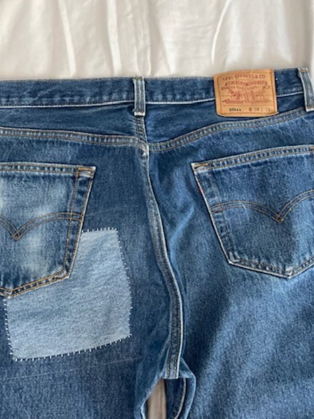 Levis Jeans Upcycled Patched Distressed 501xx 38 x 34 Actual 35 x 25 Retro OOAK - Picture 15 of 16